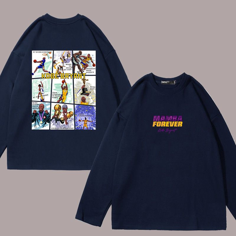 Fronte Retro Stampa Grande e Basket Kobe Nine Grid Maglietta a Maniche Lunghe per Uomo e Donna, Larga in Puro Cotone alla Moda_voghion.com