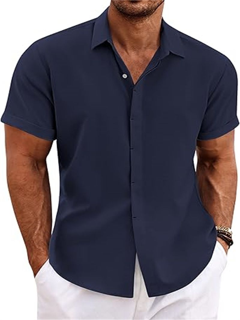 Herrenbekleidung Herren Leinenhemd Kurzarm Freizeithemd Button-Down-Hemd Herren Strand Sommer_voghion.com