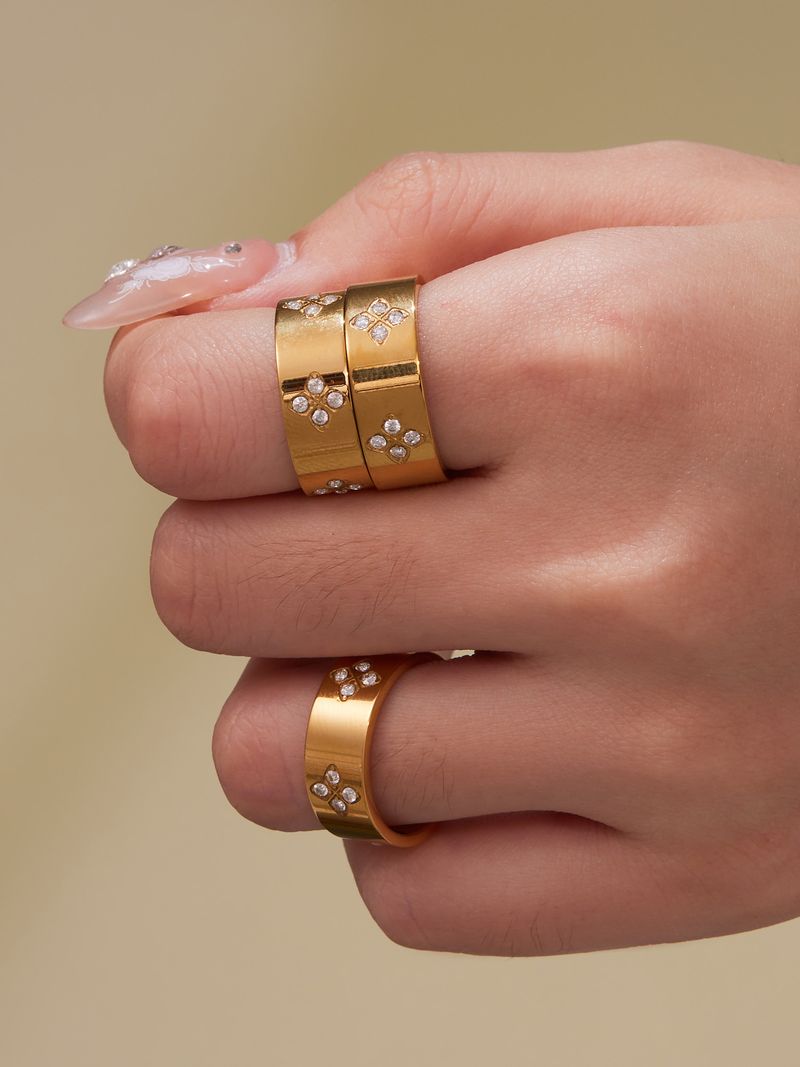 Square Sugar Fashion Stainless Steel Diamond Set Clover Ring INS Style Simple And Versatile Ring For Women_voghion.com
