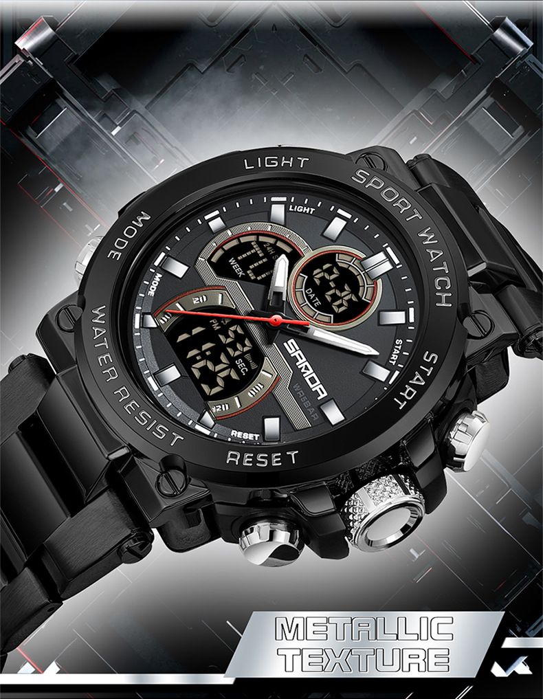 Montre homme en acier inoxydable à double affichage, multifonctionnelle : étanche, rétroéclairage LED, chronomètre, alarme, heure universelle, bracelet en acier inoxydable._voghion.com