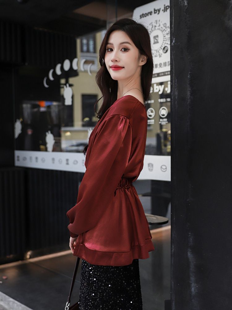 Elegant Pure Desire Ancora Red Satin Blouse With Belt Waist-Cinching French Light Lady Acetate Shirt_voghion.com