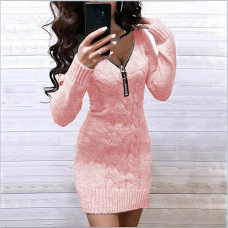 Maglione da donna, lunghezza media, cerniera, scollo a V, cappotto, vestito_voghion.com