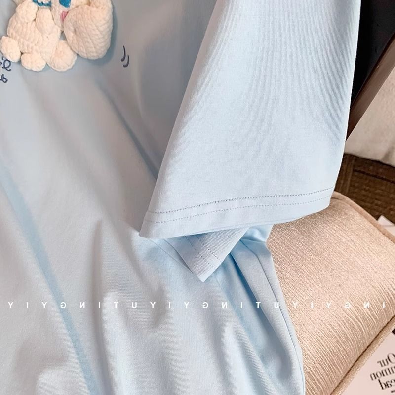 Maglietta a maniche corte con stampa di un simpatico cane alla cannella, azzurra, da donna, estiva, stile Hong Kong_voghion.com