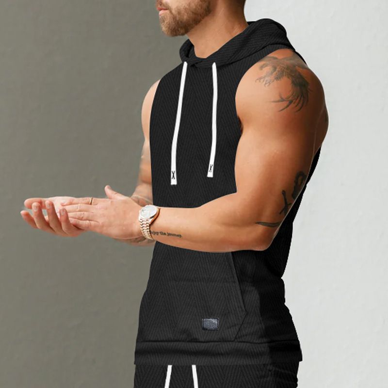 Felpa con cappuccio in maglia jacquard casual da uomo, senza maniche, con tasca applicata e coulisse_voghion.com