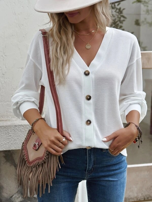 Women's solid color button-down V-neck loose long-sleeved T-shirt_voghion.com