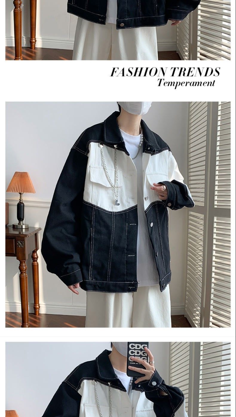 Schwarz-weiße kontrastierende Jeansjacke mit modischem Design, Nischen-Arbeitsjacke mit unregelmäßiger Farbblockierung, Herbstjacke für Herren_voghion.com
