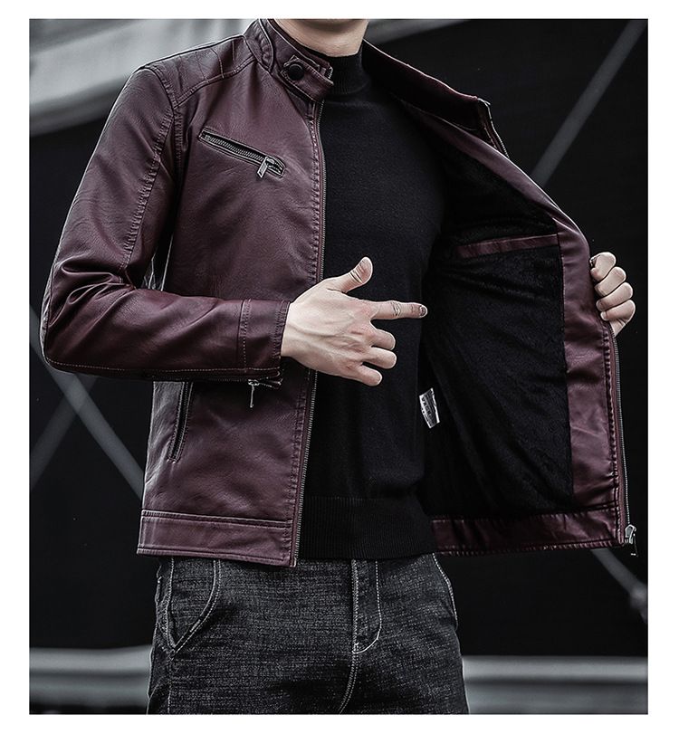 Vêtements pour hommes Veste en cuir PU Casual Hommes Col montant Slim Fit Bike Suit Veste en cuir polaire Manteau en PU_voghion.com