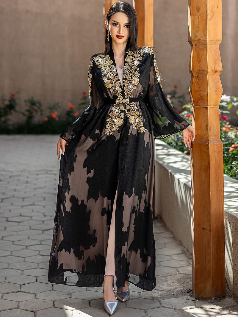 Black & Gold Embroidered Two-Piece Abaya Set With Belt - Elegant Lace Islamic Robe_voghion.com
