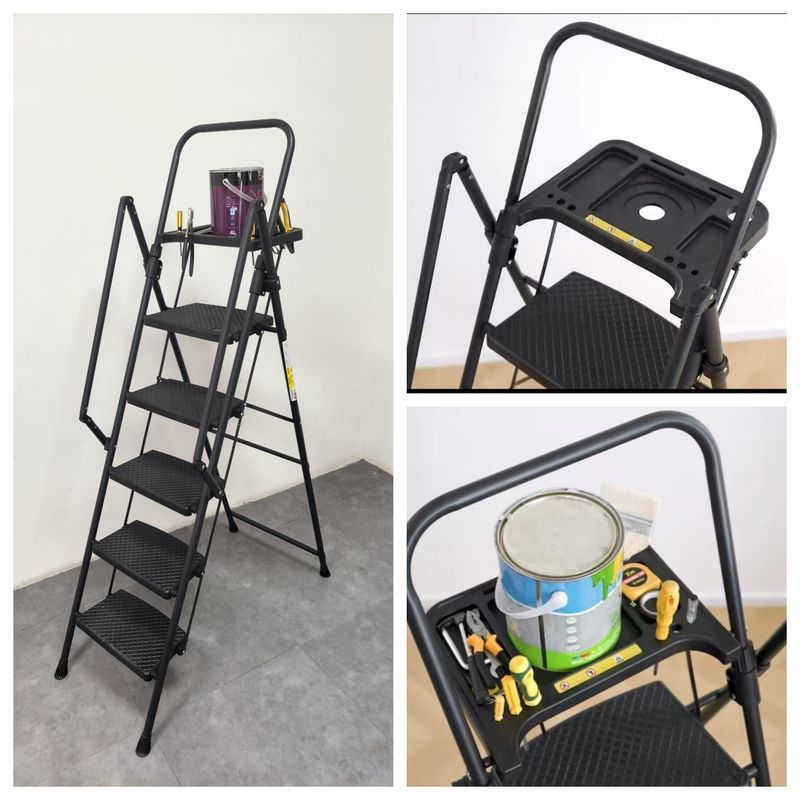 5-step Ladder, Foldable Step Stool With Tool Tray And Wide Non Slip Pedals, Sturdy Steel Ladder, Convenient Handrails, Lightweight Portable Steel Step Stool_voghion.com