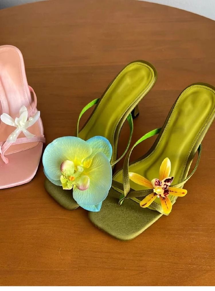 Women's Handmade Floral Sandals - Asymmetric Toe-Post Heels With Satin Straps, Elegant Thong Slides For Women_voghion.com