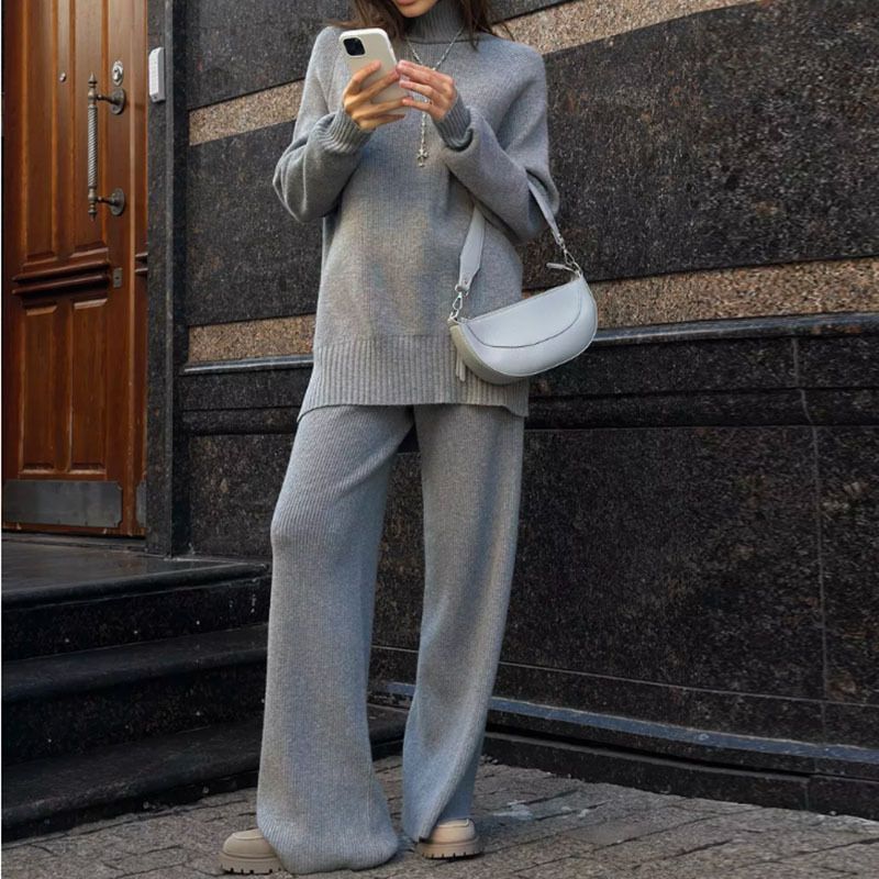 Women's Knit Turtleneck & Wide-Leg Pants Set -Spandex Lounge-to-Street Coord (S-L, Machine-Washable, Grey/Coffee, Anti-Pilling, Wrinkle-Free)_voghion.com