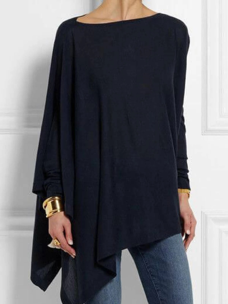 T-shirt pullover casual a maniche lunghe tinta unita irregolare da donna_voghion.com