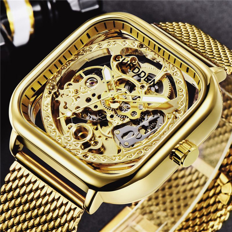 Men's Stainless Steel Automatic Mechanical Watch With Square Dial And Skeleton Design, Business Style, Water Resistant_voghion.com