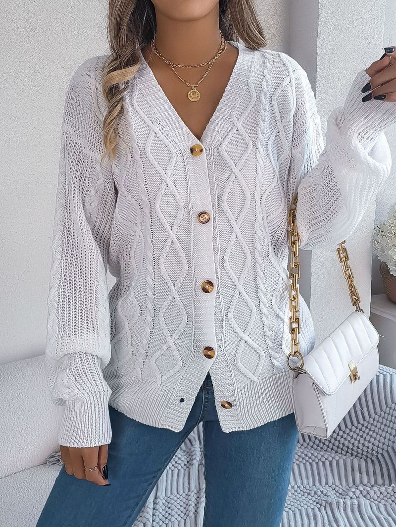 Cardigan in maglia a trecce con bottoni, scollo a V, manica a lanterna, casual, autunno inverno 2025, moda donna_voghion.com