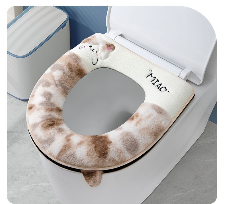 Coussin de siège de toilette épais en peluche avec anneau de fermeture éclair et motif dessin animé, universel pour l'automne et l'hiver_voghion.com