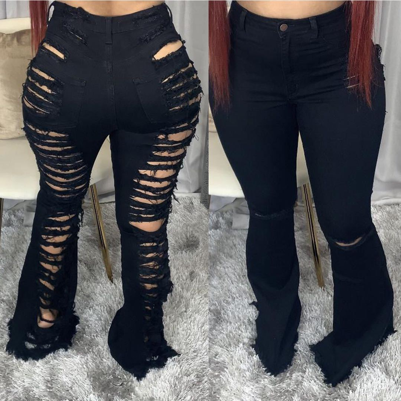 Roupas femininas tendência da moda personalidade rasgada calças largas elásticas_voghion.com