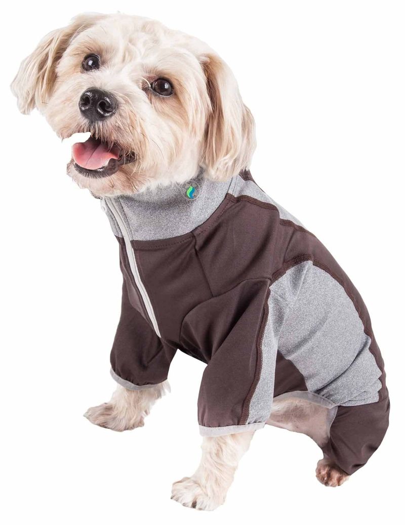 Pet Life Active 'Warm-Pup' Heathered Performance 4-Way Stretch Two-Toned Full Body Warm Up_voghion.com