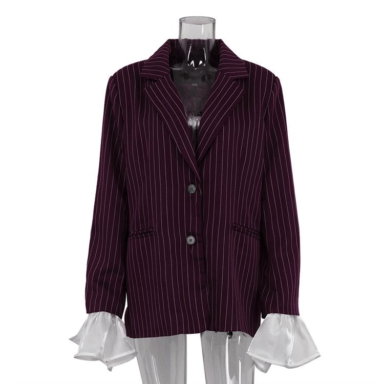 2025s Spring And Autumn New Style Striped Coat With Women's Design Sense Lace Horn Sleeves Loose Casual Small Suit_voghion.com