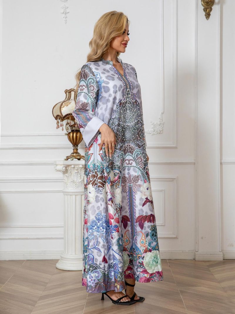Abito lungo da donna con stampa a rombi e perline_voghion.com