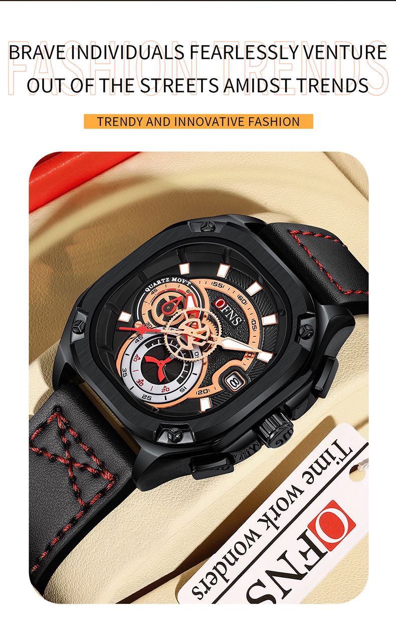 Men's Stylish Square Dial Quartz Watch With Leather Strap, Date Display, Luminous Hands, And Water Resistant For Casual Wear Men's Watch_voghion.com