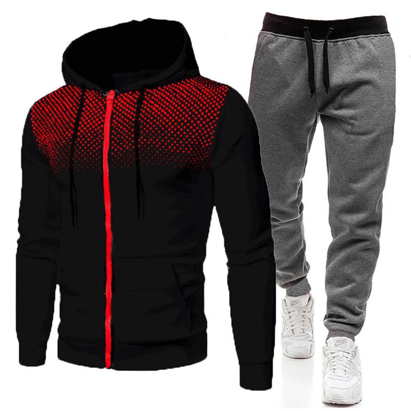 Autumn Winter Fleece Polka Unisex Sports Hoodie Dot Men Solid Color Zipper Sweatshirt Sweatpants Set_voghion.com