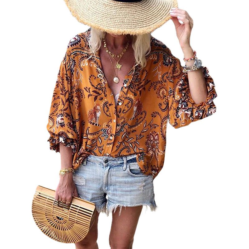 Damenbekleidung Frühling und Sommer Rüschen Langarm Neu Bedrucktes Loose Fashion Einreihiges Oberteil_voghion.com
