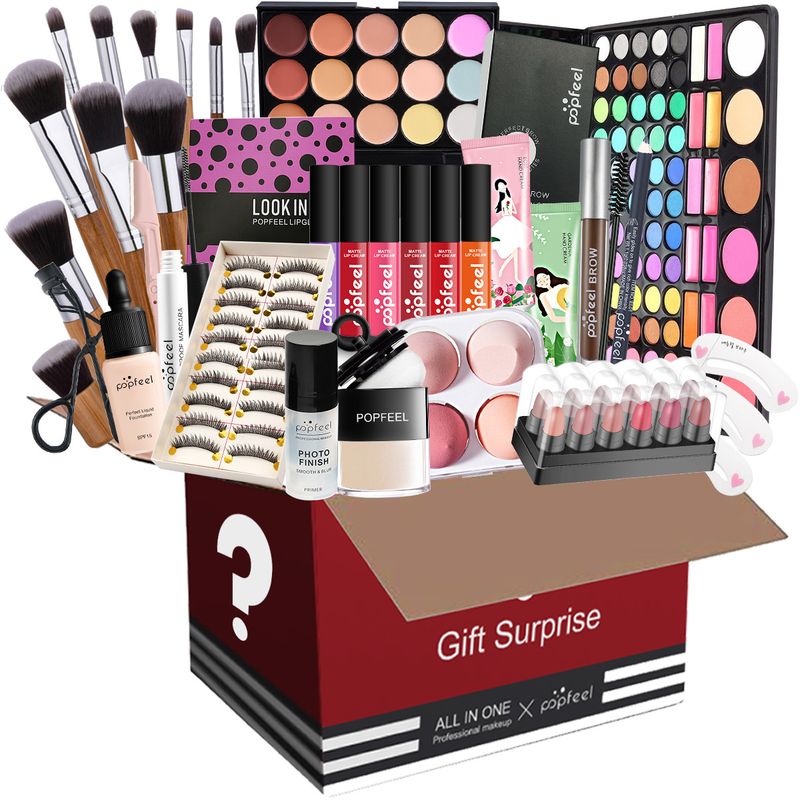 Caja sorpresa con combinación de maquillaje, sombra de ojos, lápiz labial, juego de brochas de maquillaje de base, color aleatorio_voghion.com