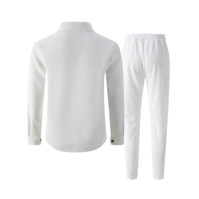 Completo da uomo con camicia a maniche lunghe e pantaloni in maglia a nido d'ape – Completo casual a due tasche (S-XXXL, Nero/Grigio/Cachi/Bianco/Rosso vino/Verde scuro)_voghion.com