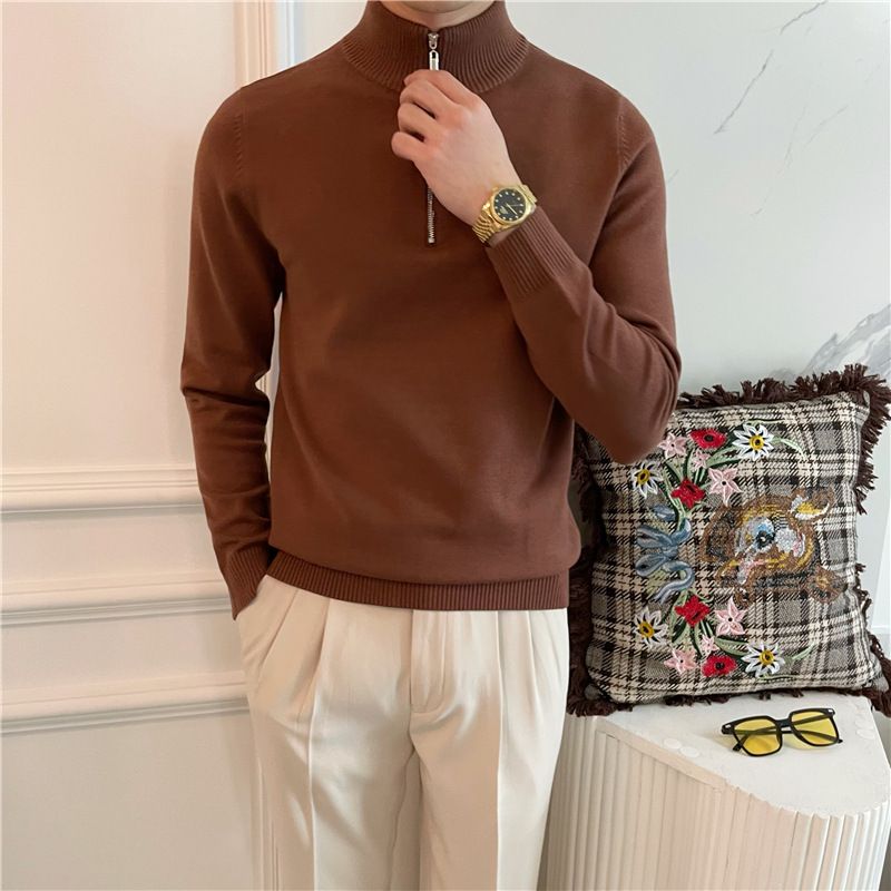 Sügis- ja talvine poolkõrge kaelusega kampsun meeste äri- ja vabaaja veetmiseks, retro slim fit ja kena põhi, pikkade varrukatega kootud kampsun_voghion.com