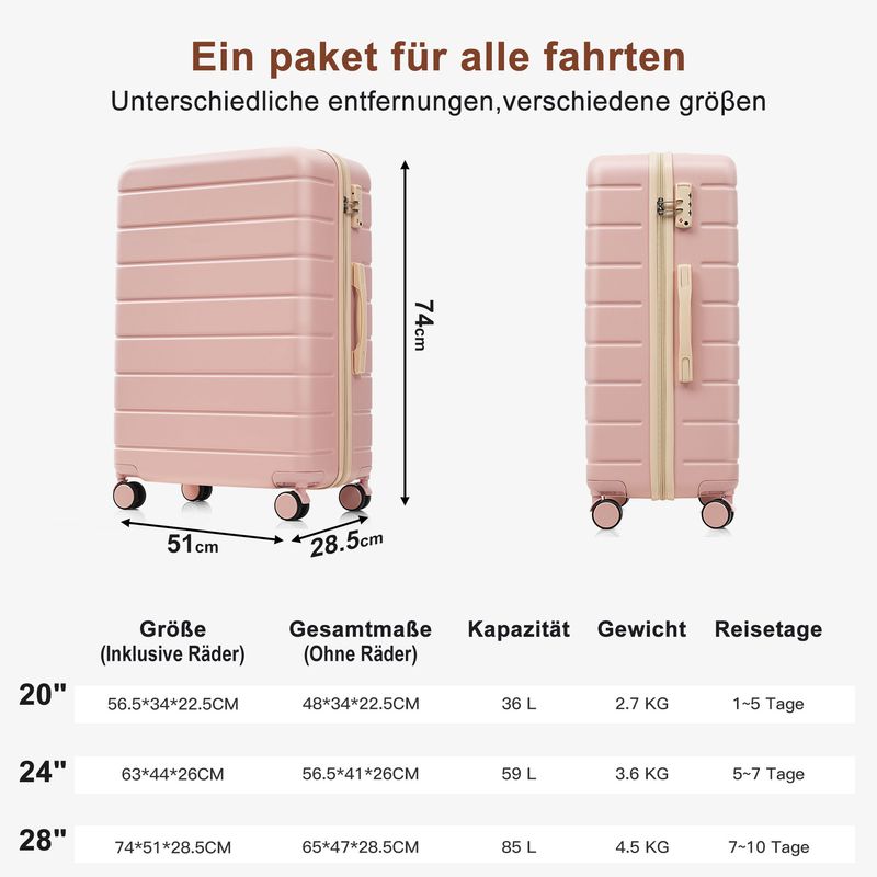 Ensemble de valises rigides en ABS rose avec roulettes pivotantes et cadenas, tailles M-L-XL, trousse de toilette incluse_voghion.com