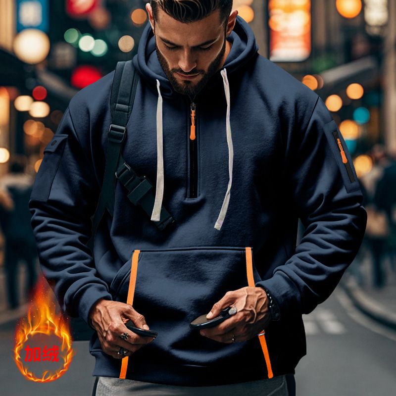 2024 Autumn Winter Men's Casual Multi-Zipper Arm Pocket Sweatshirt Pullover Large Size Fleece Hoodie For Men_voghion.com
