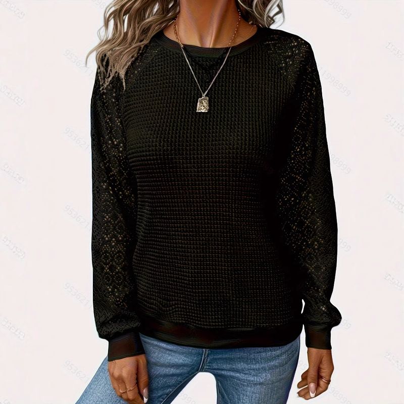 2025 Neues einfarbiges Spitzen-Langarm-Hohl-Rundhals-Casual-Damen-T-Shirt-Oberteil_voghion.com
