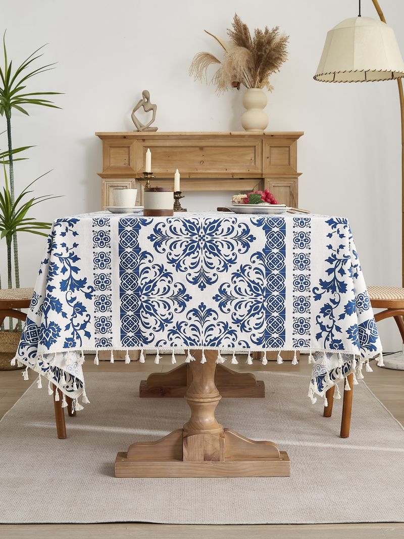 Tovaglia in porcellana blu e bianca – 59% cotone e 41% poliestere, antiscivolo e resistente al calore (rettangolare, 150x100 cm/150x300 cm)_voghion.com
