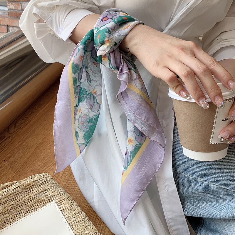 Summer thin cotton linen women's spring and autumn printed small square scarf, beach sun protection shawl decoration,_voghion.com