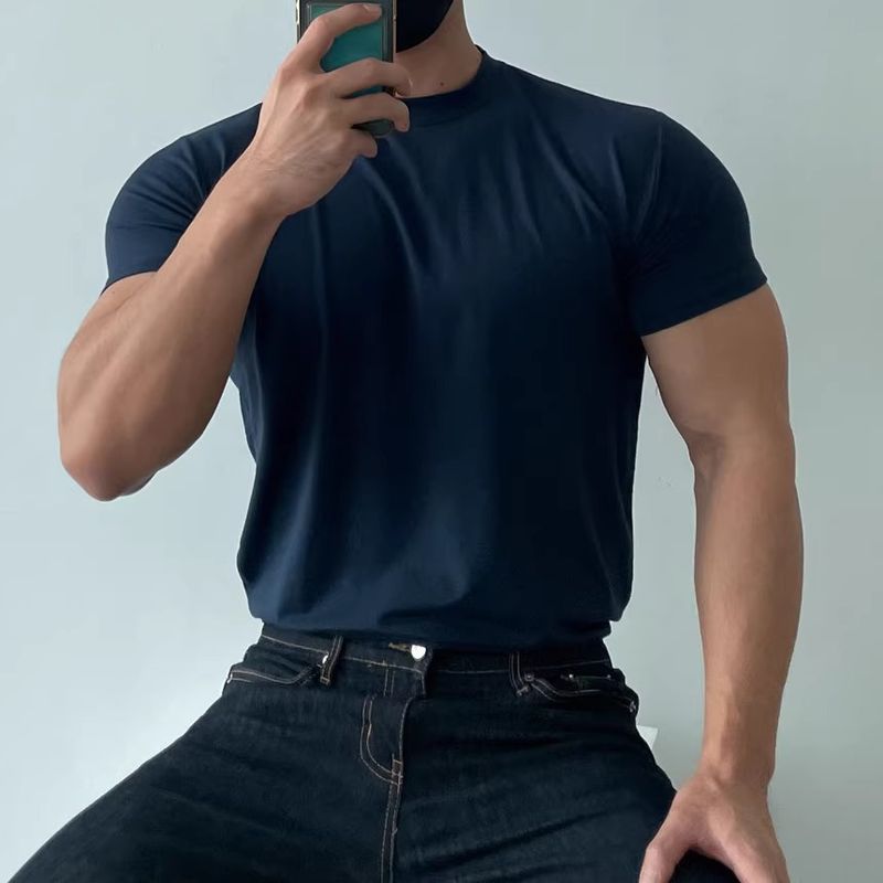 Herrenbekleidung Sommer-T-Shirt mit kleinem Ausschnitt Slim Fit Kurzarm Muskelanzug_voghion.com