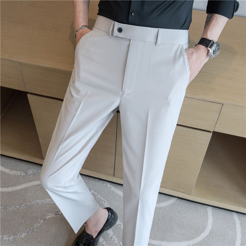 Summer new men's casual trousers, thin comfortable small straight nine-point trousers, elastic and drape on all sides, white trousers_voghion.com