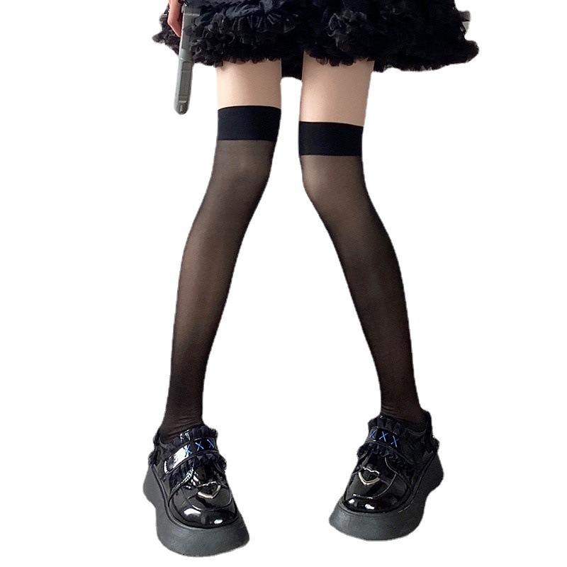 Calzini lunghi e sottili sopra il ginocchio, calze nere sexy trasparenti in seta con bordo rosso_voghion.com