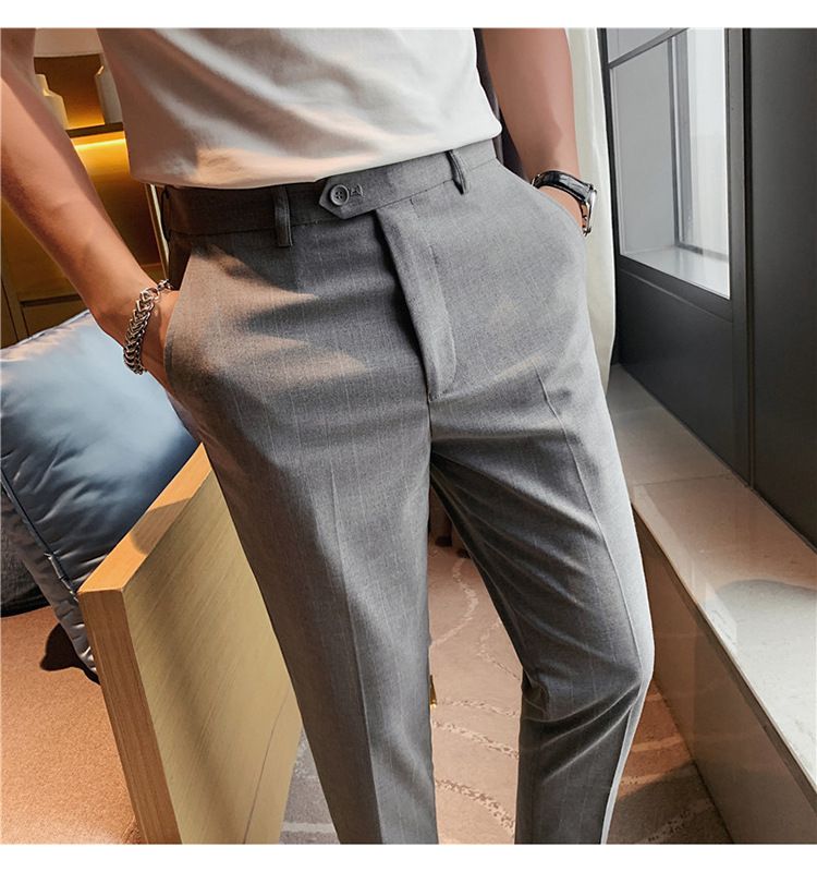 Summer thin men's slim-fitting trousers fashionable striped pants Korean version comfortable micro-elastic small foot_voghion.com