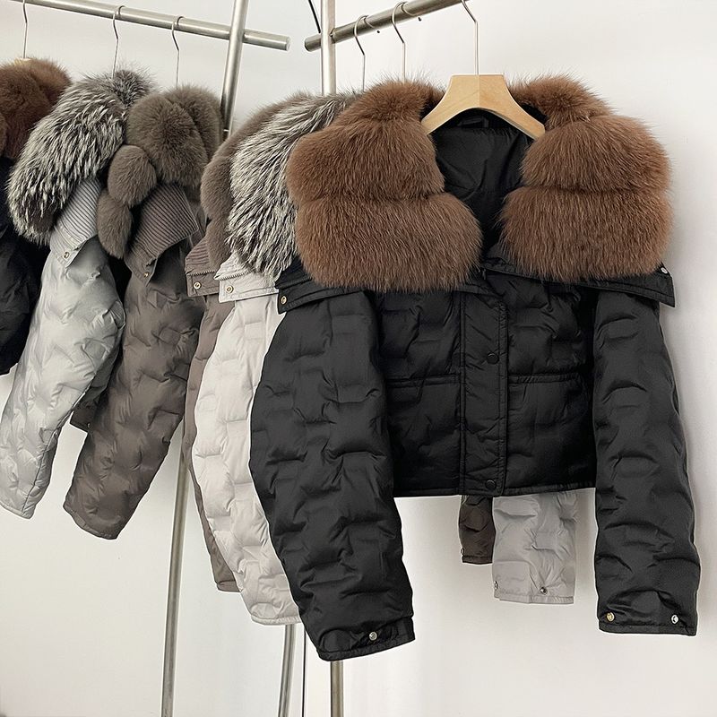 Stylische kurze Daunenjacke für Damen mit luxuriösem Fuchspelzkragen, geometrischem Musterdesign, 90 % weißen Entendaunen, warmer Wintermantel_voghion.com