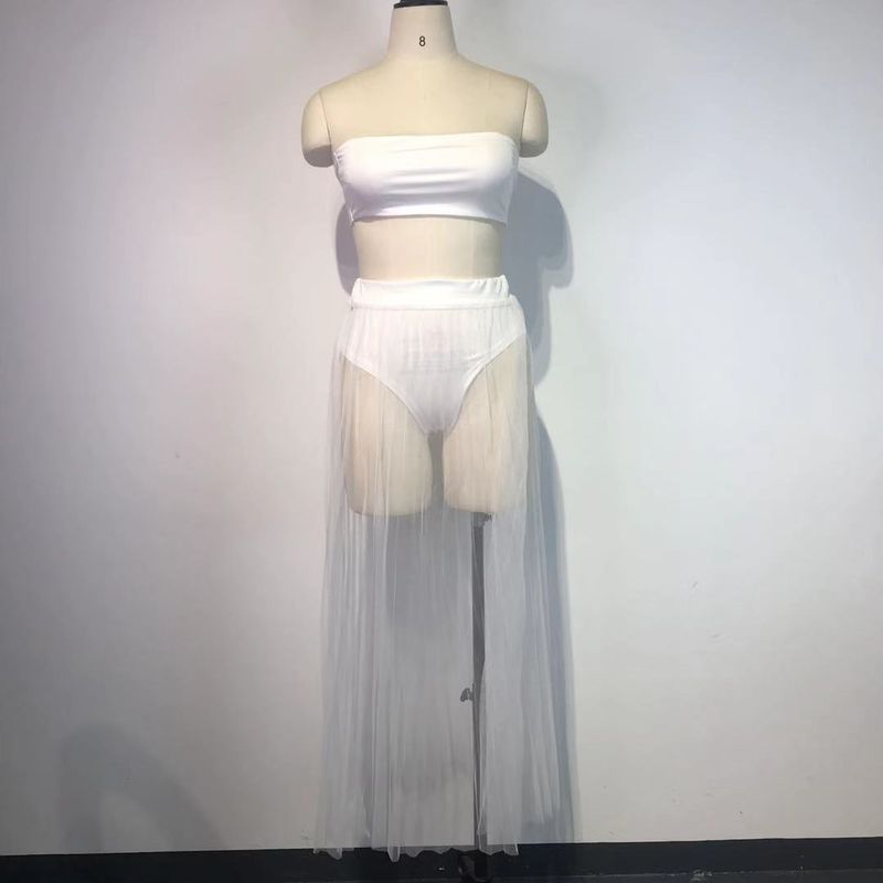 Gonna a pieghe sexy in rete da donna, con top avvolgente e gonna a tre pezzi_voghion.com