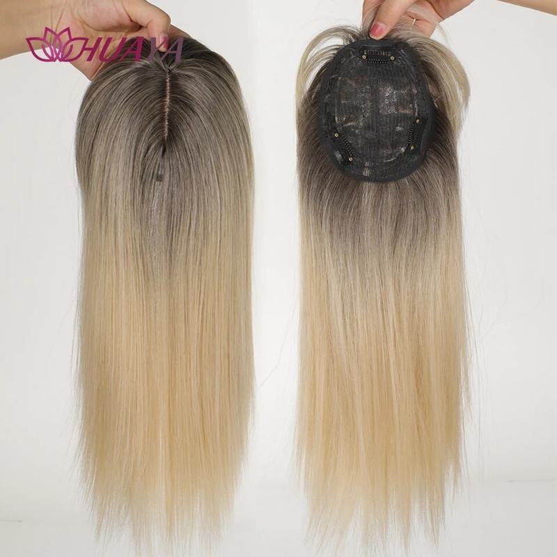 Synthetische lange gerade Topper-Perücke in Extensions, natürliches, flauschiges Kunsthaarteil mit Pony-Clip, Schwarzbraun_voghion.com