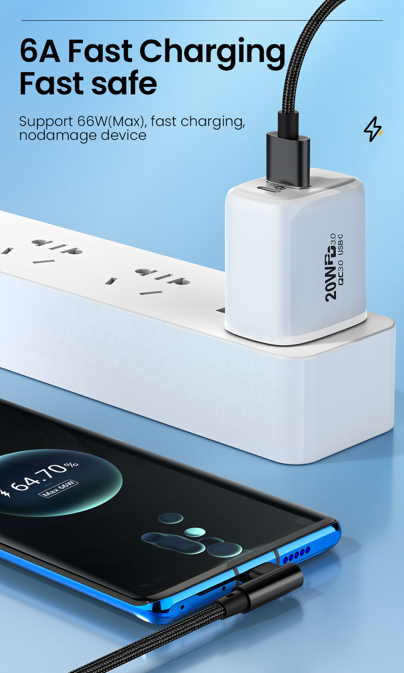 ca USB C 6A carga rápida C ca adecuado para teléfonos Samsung, Xiaomi, Huawei, Hongmi, datos de carga de 90 grados 66W_voghion.com