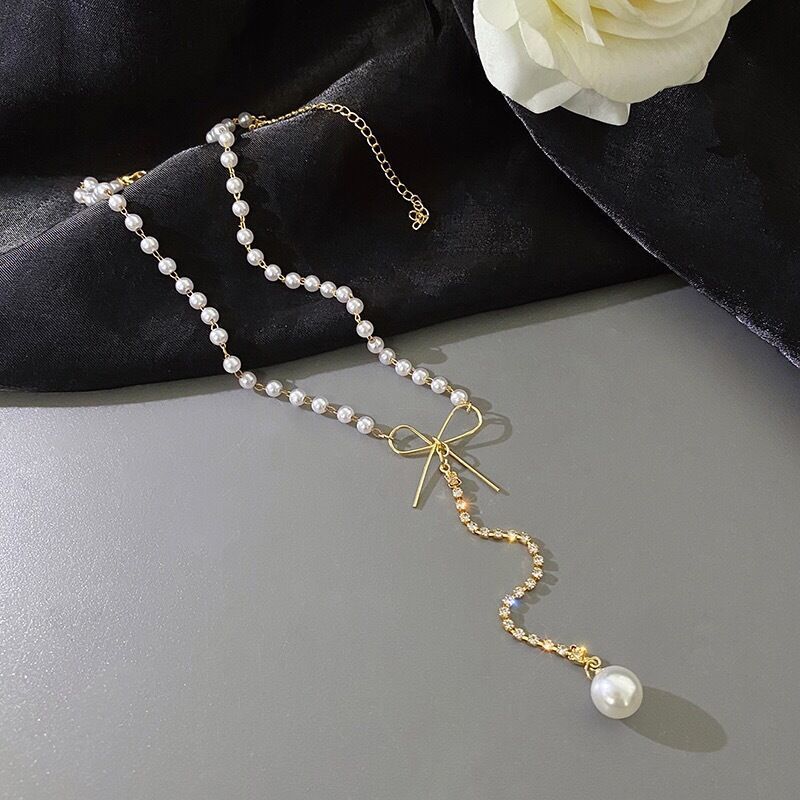Lagervare pen sløyfe Rhie dusk perle anheng halskjede for kvinner delikat kragebeinkjede minimalistisk choker_voghion.com