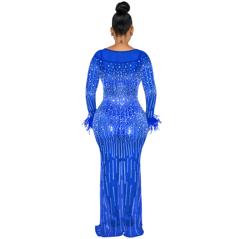 Damenmode-Nachtclub-Party mit Diamant-Damen-Mesh-Perspektive, langärmeliges Kleid, Damenkleid_voghion.com