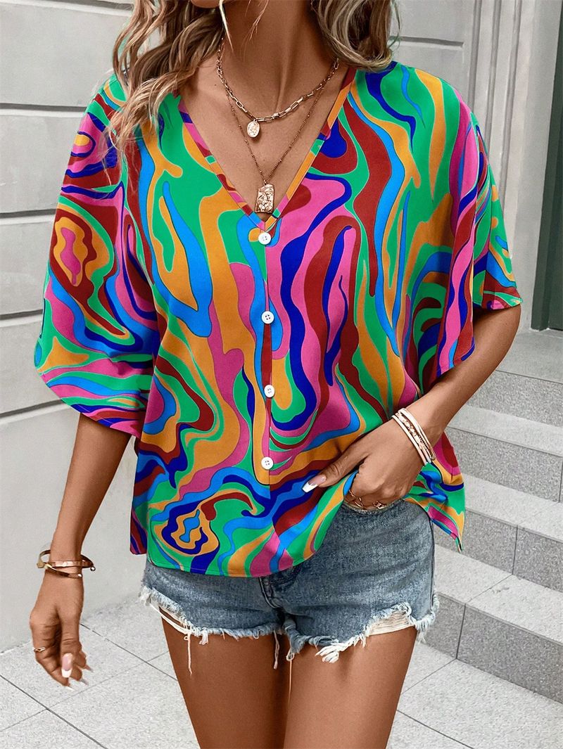 2025 Kobiety Lato Styl Bluzki Koszule Damska Casual Batwing Rękaw Kwiatowy Nadruk Bluzki Topy DF5024_voghion.com