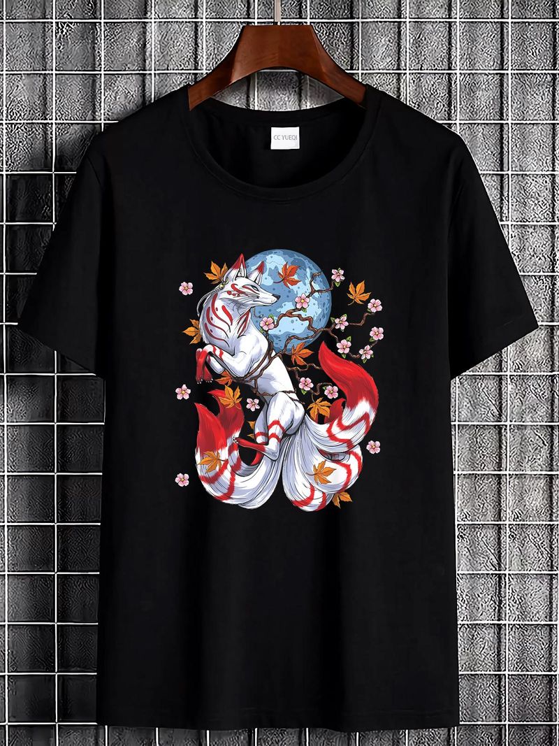 Kitsune Fox, Maglietta con Volpe a Nove Code Giapponese e Fiori di Ciliegio, Taglia S-2XL, Traspirante, Casual, Moda Uomo, Elasticizzata, Unisex, Morbida_voghion.com