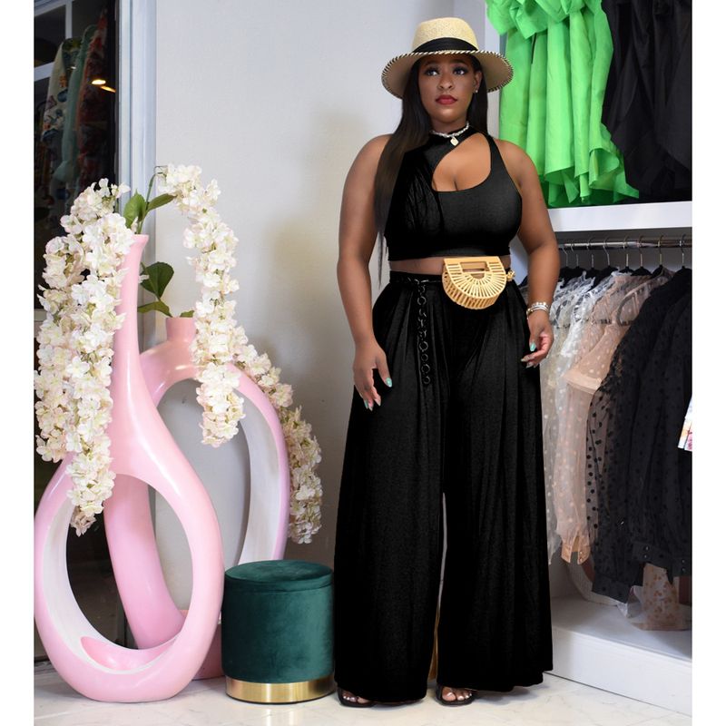 plus size women's sexy vest wide leg two-piece set solid color casual suit_voghion.com