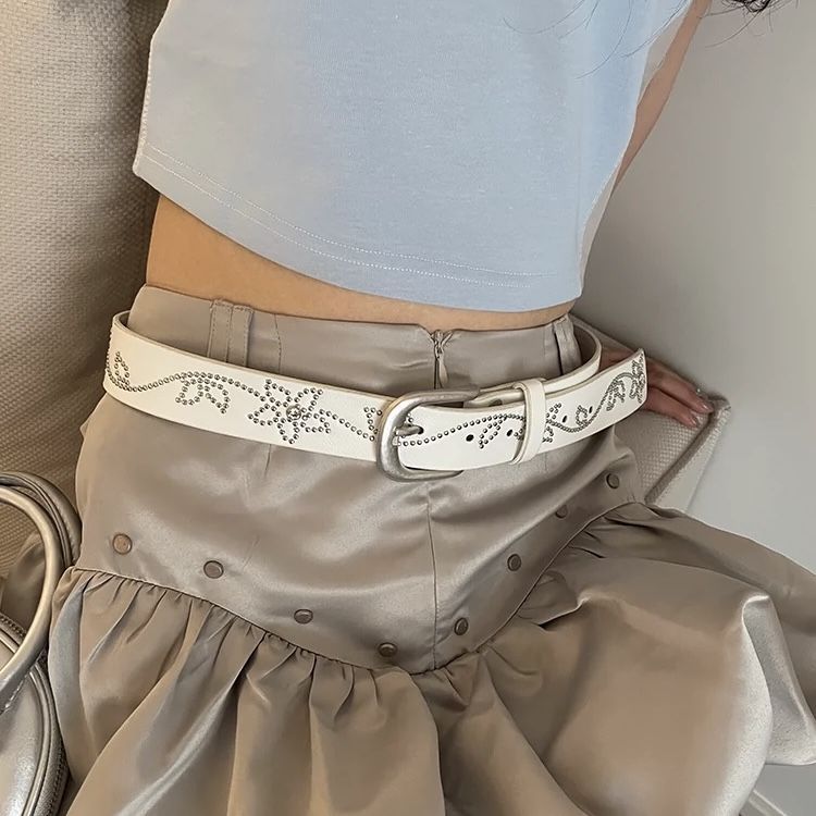 Y2k rivet inlaid flower versatile Korean jeans with belt, personalized high-end feeling, slim waist and slimming effect_voghion.com