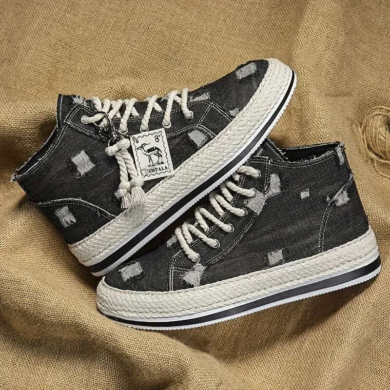 High-Top-Skateschuhe aus Used-Denim mit gutem Grip, atmungsaktive Schnürschuhe, Herrenschuhe, inspiriert von Espadrilles_voghion.com
