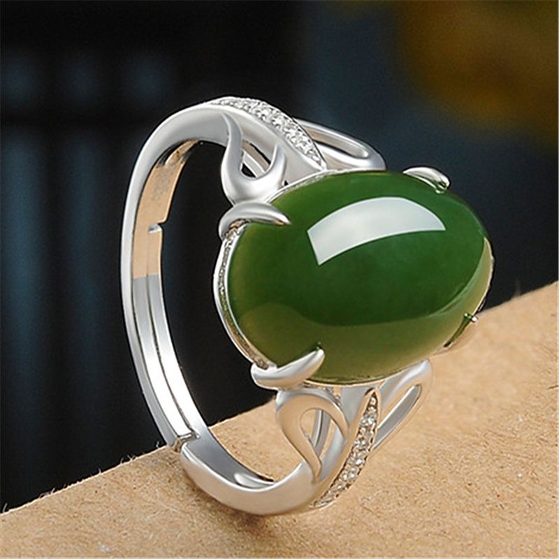 New Creative Green Agate Open Simple Diamond-Encrusted Ring Unisex Chalcedony Silver Jewelry_voghion.com